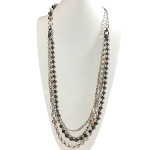 NY Layered Necklace Beaded Silver Gold Tone Clear Pearl Fashion Jewelry